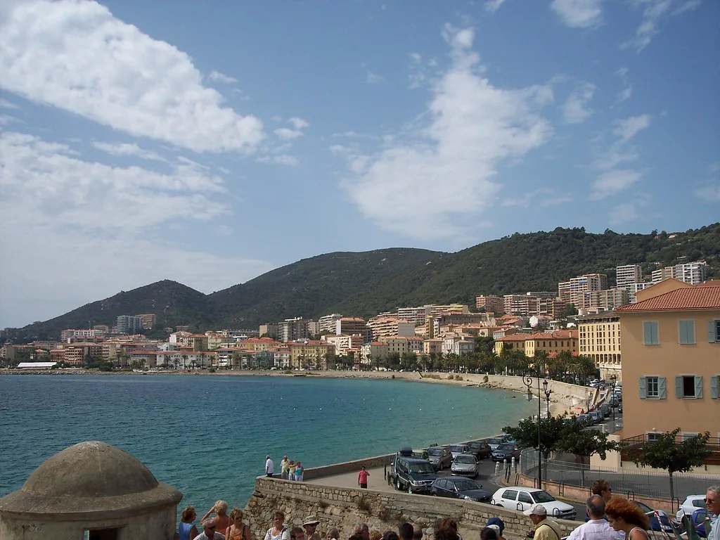 Waterfront view of Ajaccio, Corsica, with the old town and harbour reached by central bus lines