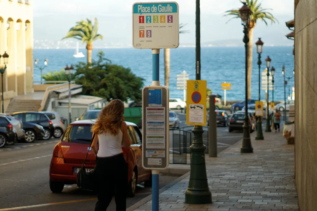 An Ajaccio Muvistrada bus stop overlooking the bay on a coastal route