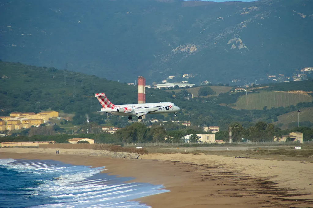 A plane on approach to Ajaccio Napoleon Bonaparte Airport, where Line 8 connects to the city