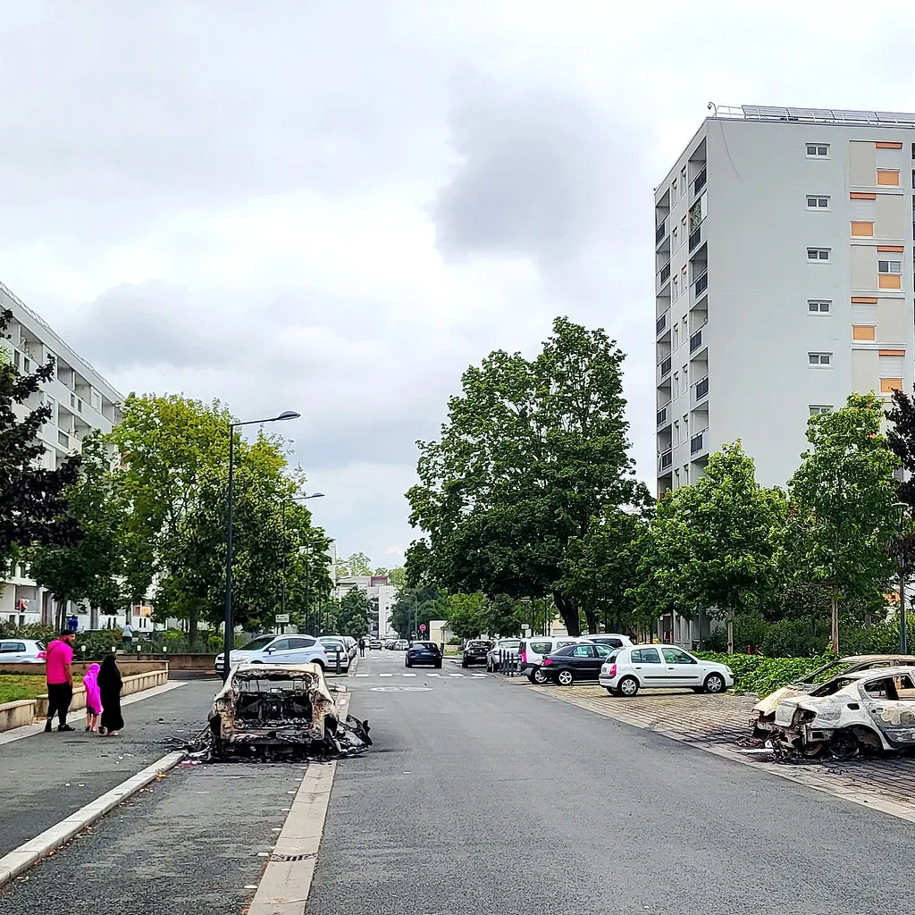 View of central Angers, France, where the tram and bus lines converge
