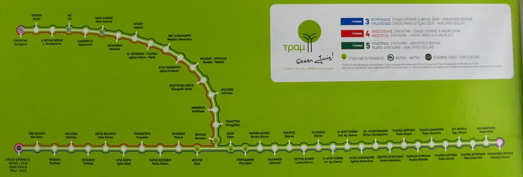 An Athens tram on the coastal route that connects the city centre to the beaches of the Athenian Riviera