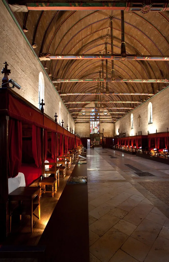 The glazed polychrome-tiled roof of the Hospices de Beaune in Burgundy