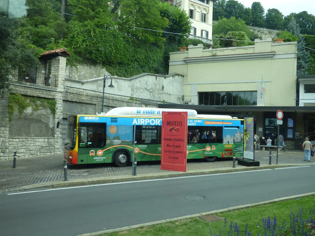 The lower station of the Funicolare Bergamo Alta on Viale Vittorio Emanuele II climbing toward the Upper City