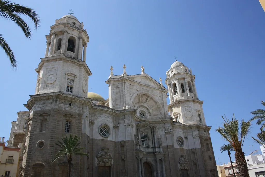 Cadiz Cathedral with its golden dome rising above the Old Town near the waterfront