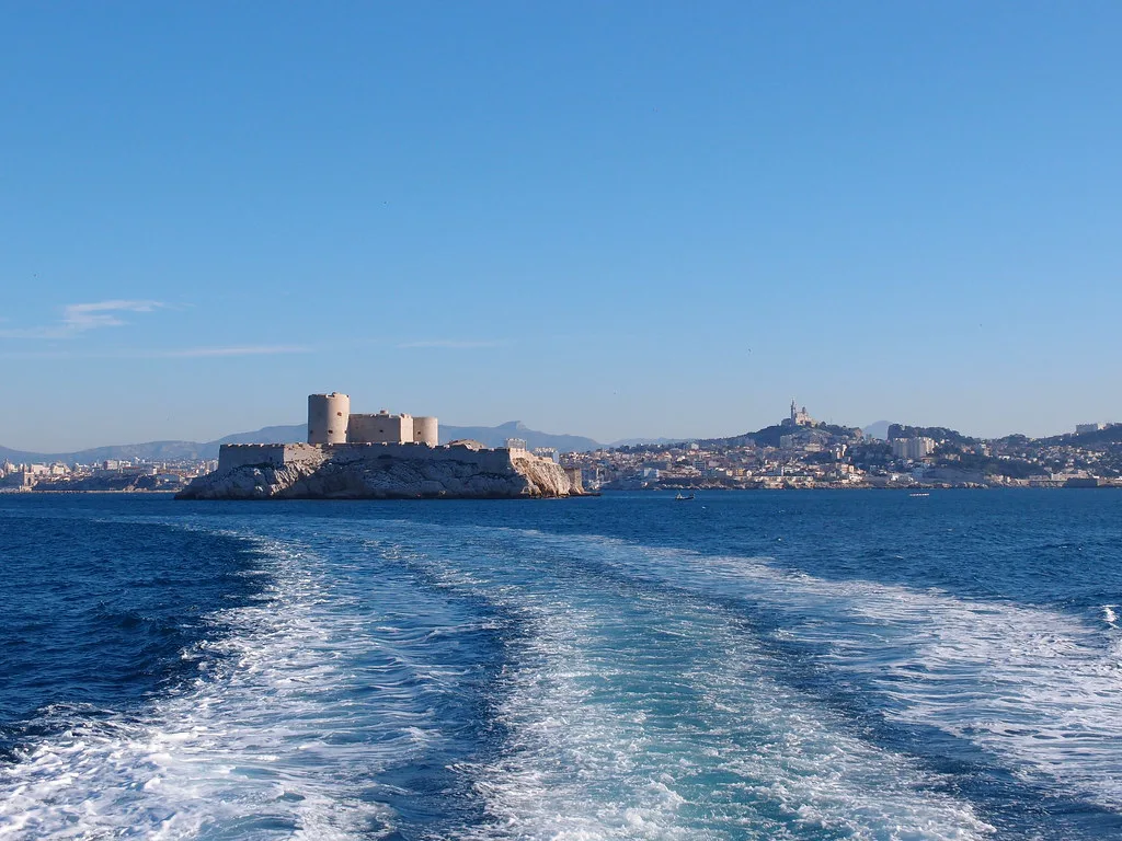 Stone ramparts and towers of the Chateau d'If fortress near Marseille