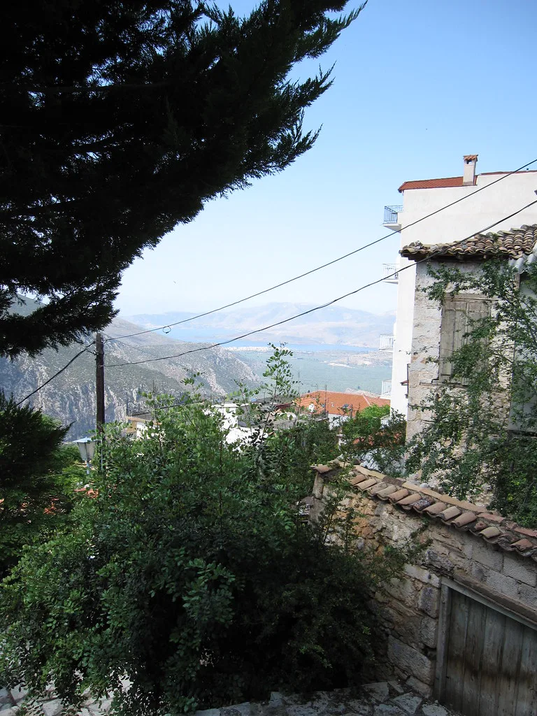 View over the modern village of Delphi and the valley below, where overflow street parking is found