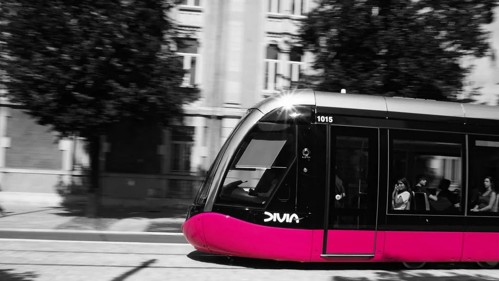 A Divia tram on a street in Dijon, France