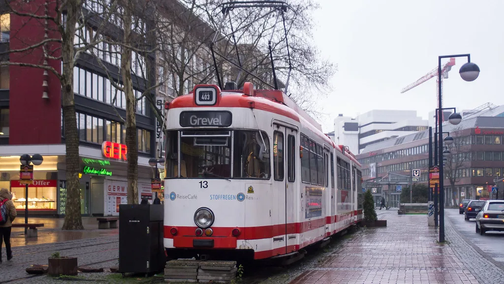A tram on the street in Dortmund, part of the city's Stadtbahn light rail and tram network