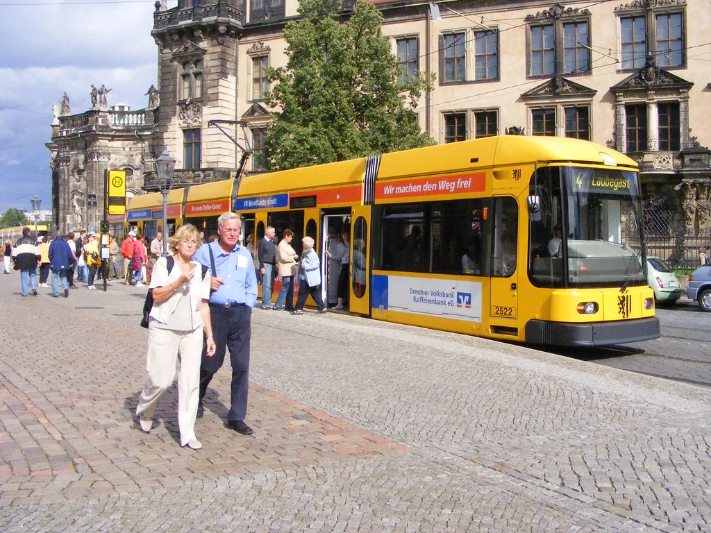 A Dresden tram on a city street, the connection from Park and Ride lots into the centre