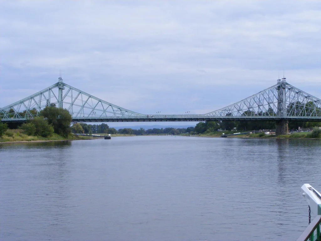 The Blue Wonder bridge (Blaues Wunder) spanning the Elbe River in Dresden's Loschwitz district