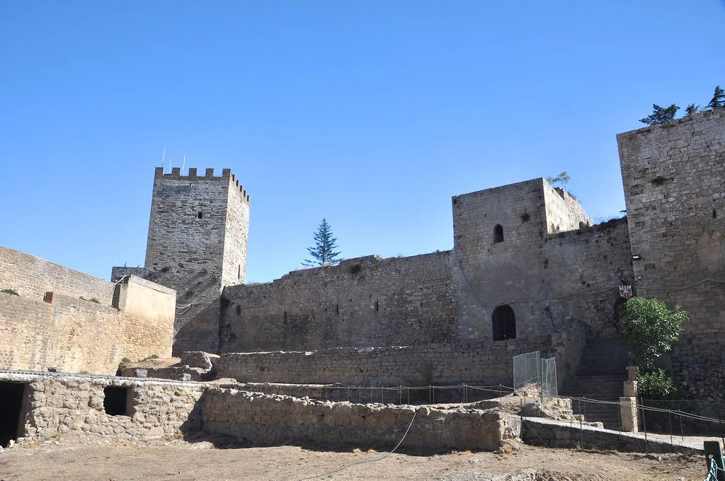 The medieval towers of Castello di Lombardia at the highest point of Enna, Sicily
