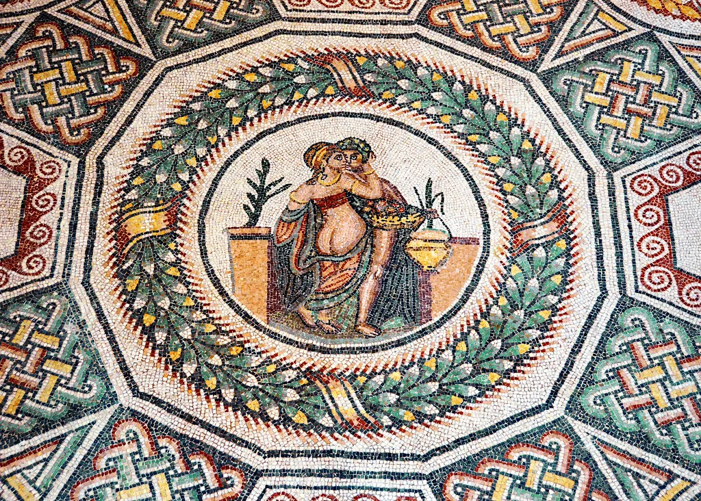 Roman floor mosaics inside Villa Romana del Casale near Piazza Armerina, a short drive from Enna