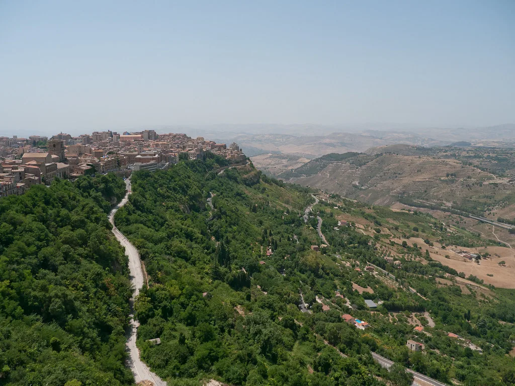 Panoramic view over the valley and rolling countryside seen from hilltop Enna in Sicily
