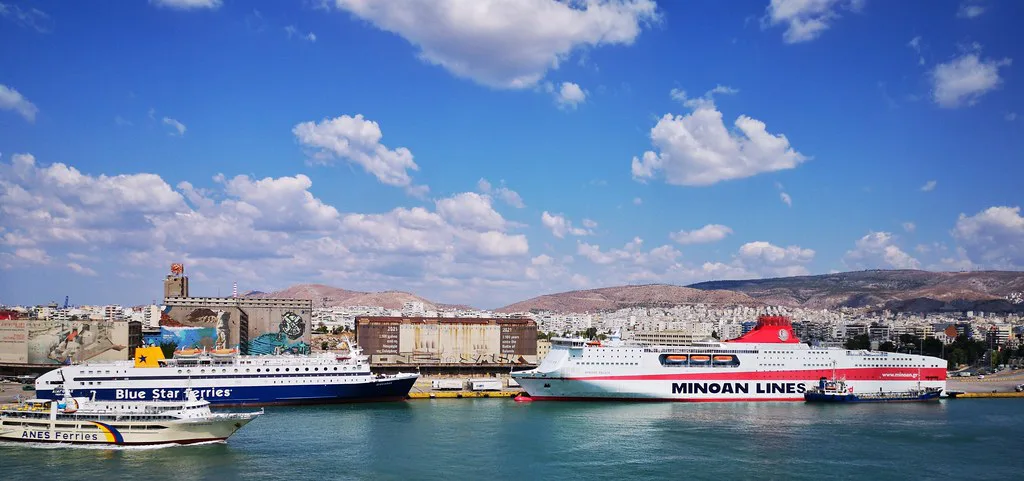 Panoramic view of the port of Piraeus near Athens with Greek island ferries