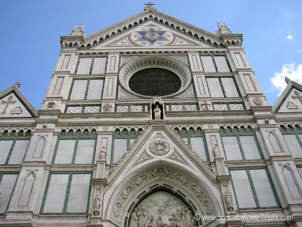 Marble Gothic facade of a historic Florence church near the city center