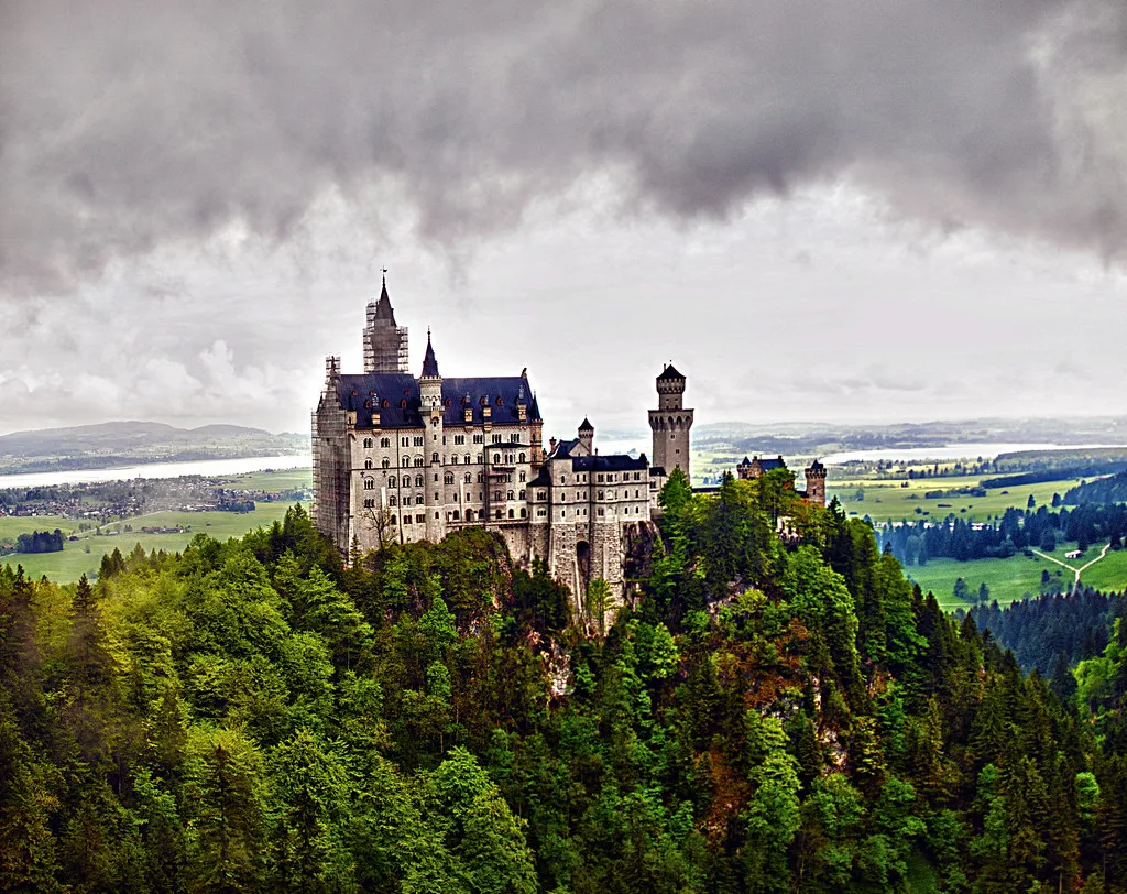 Neuschwanstein Castle above the village of Hohenschwangau near Fussen, the destination reached from parking lots P1-P4