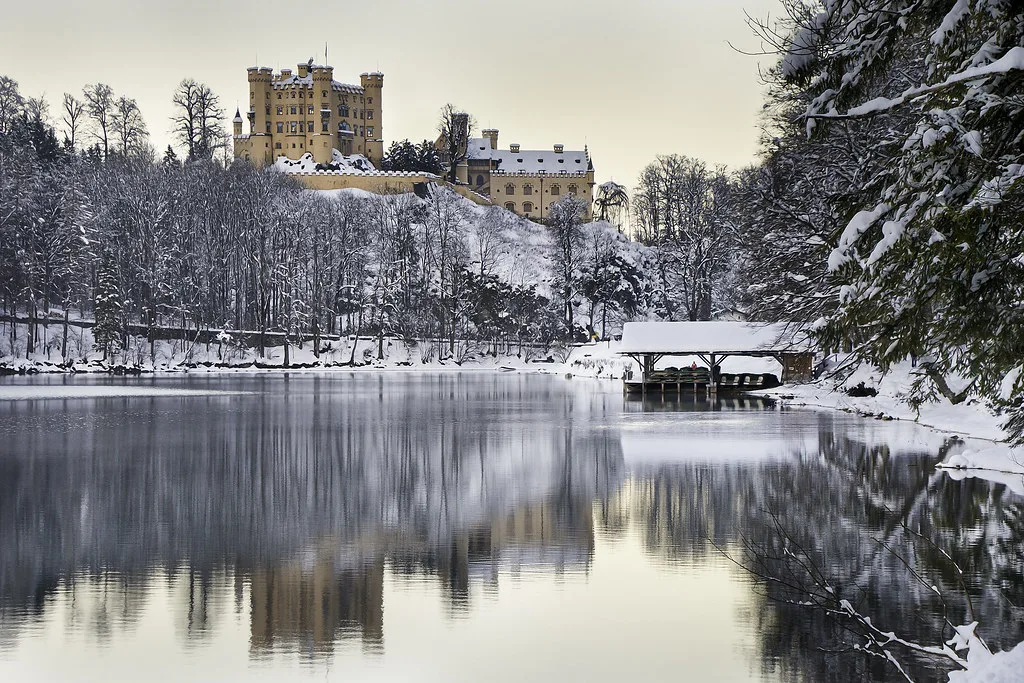 Hohenschwangau village and lakeside setting near Neuschwanstein, where residential streets are permit-only and free parking is rare