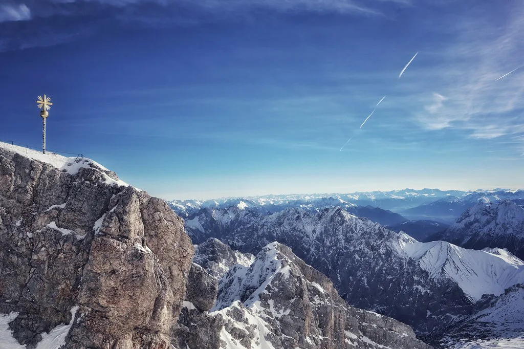 Snow-capped Zugspitze massif above Garmisch-Partenkirchen, the peak served by the Eibsee valley-station car park
