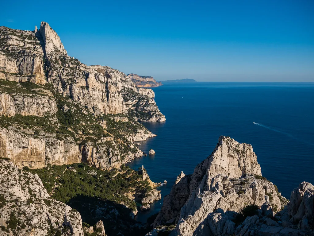 Turquoise water and white limestone cliffs of the Calanques near Marseille