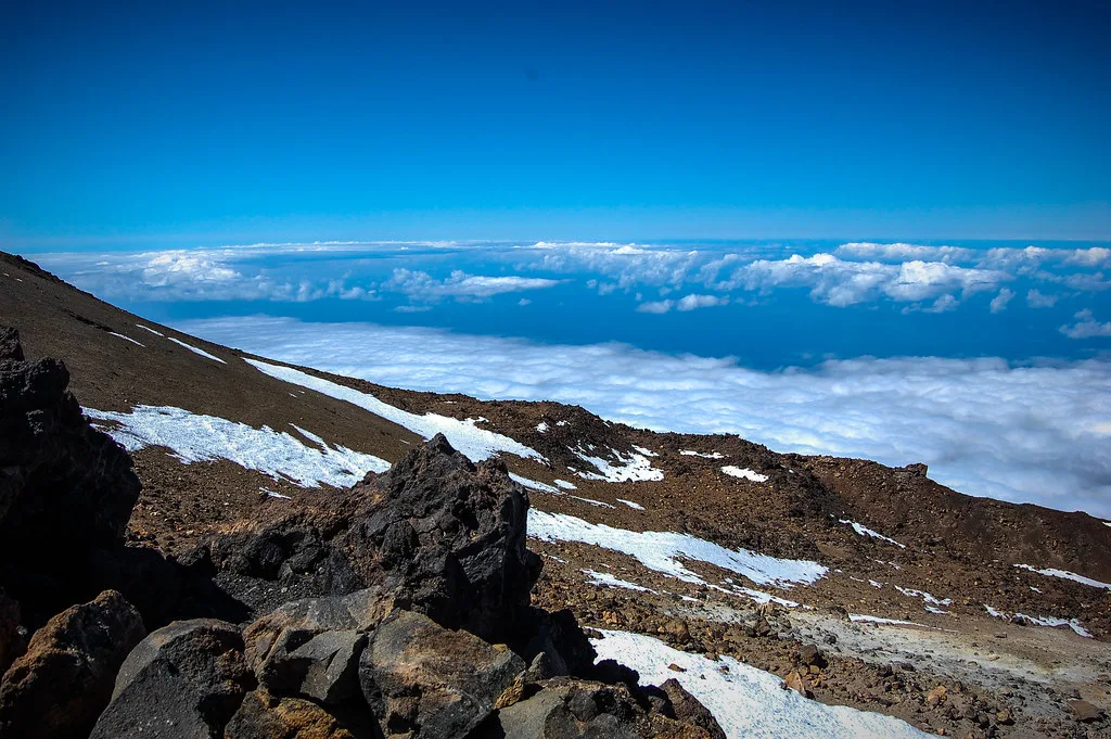 Snow-capped Mount Teide rising above the volcanic landscape of Tenerife