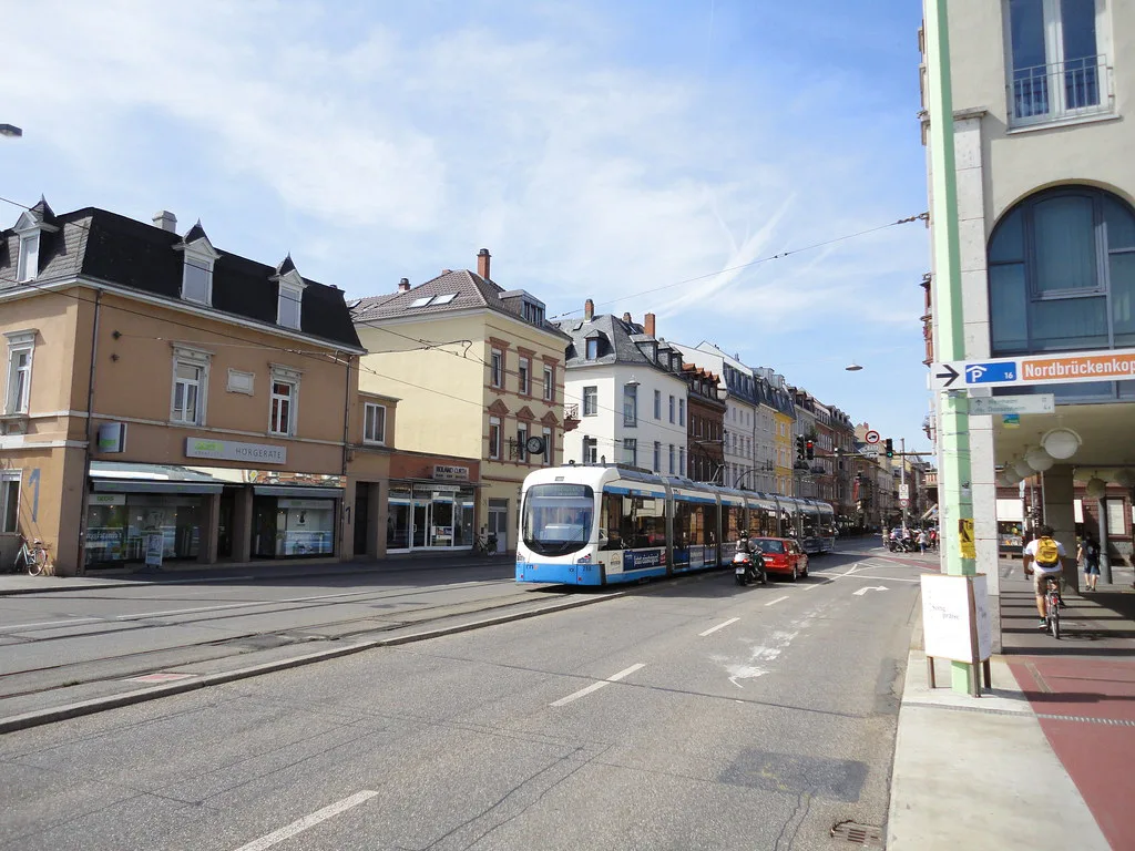 An RNV tram on the streets of Heidelberg, Germany