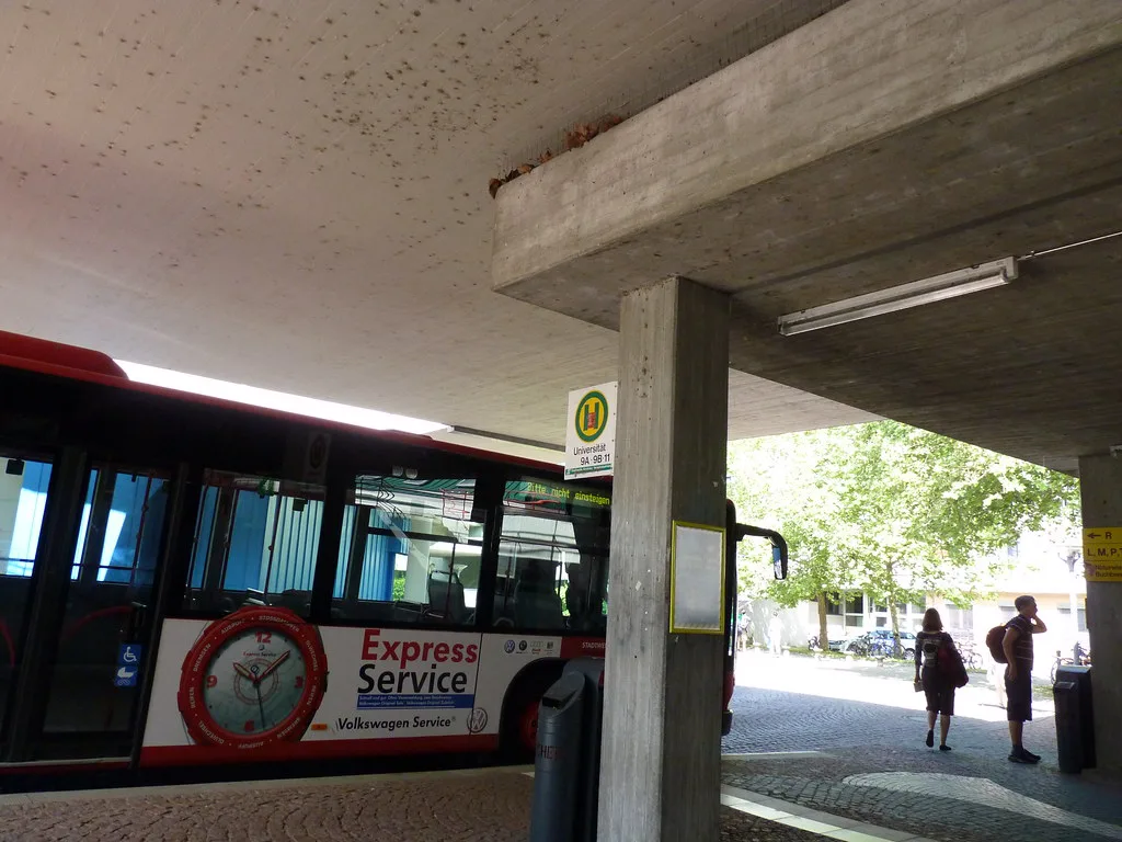 A Stadtbus stop on the University of Konstanz campus, served by the city's red bus network