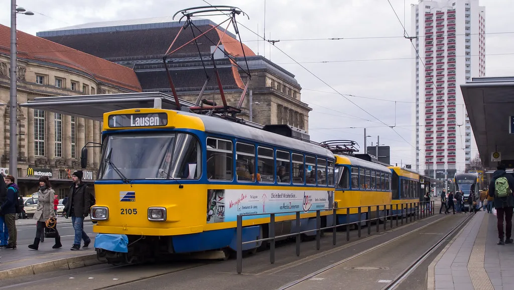 An LVB tram on a Leipzig street, part of the city's 13-line tram network
