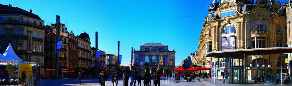 Panorama of Place de la Comedie near the Comedie tram stop in Montpellier