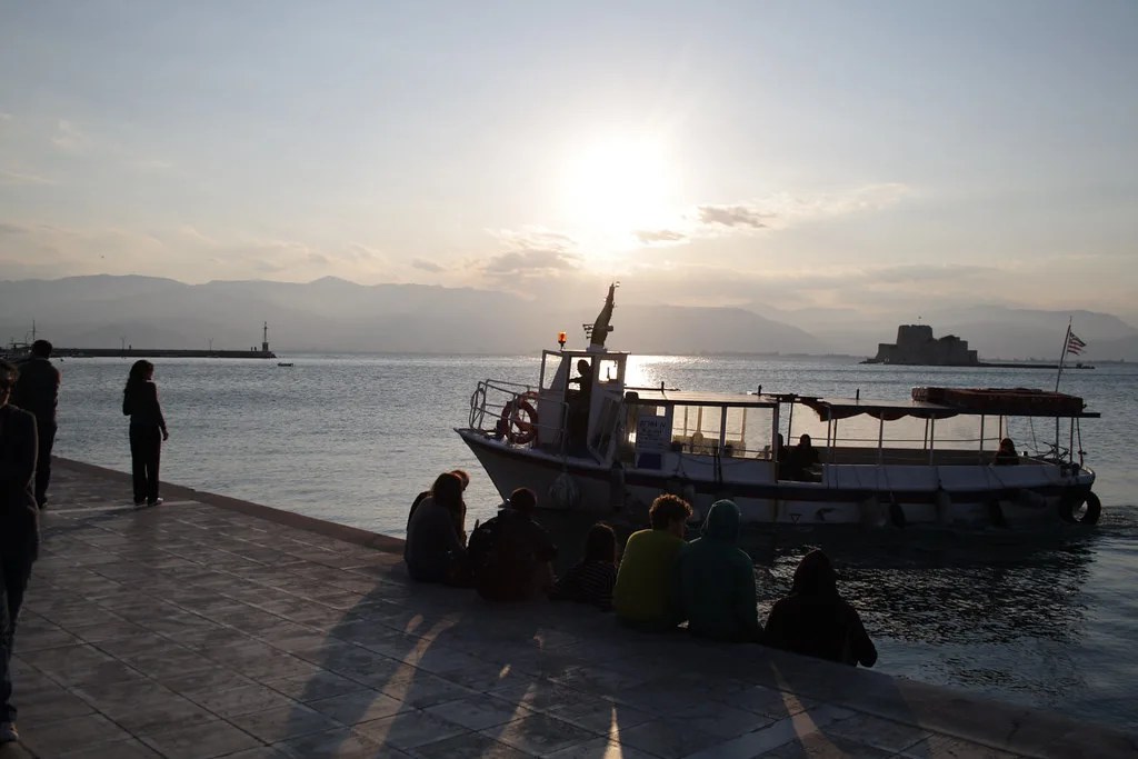 The Nafplio waterfront and harbor where the free port parking lot sits, a short walk from the Old Town