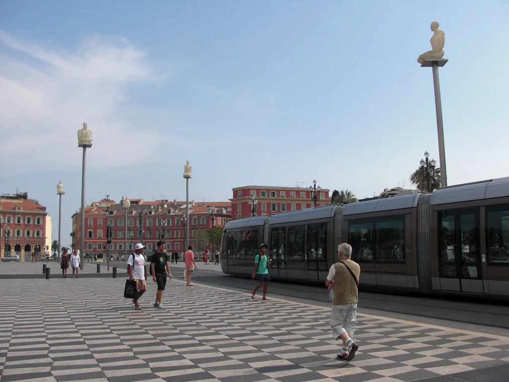 A Lignes d'Azur tram crossing Place Masséna in central Nice