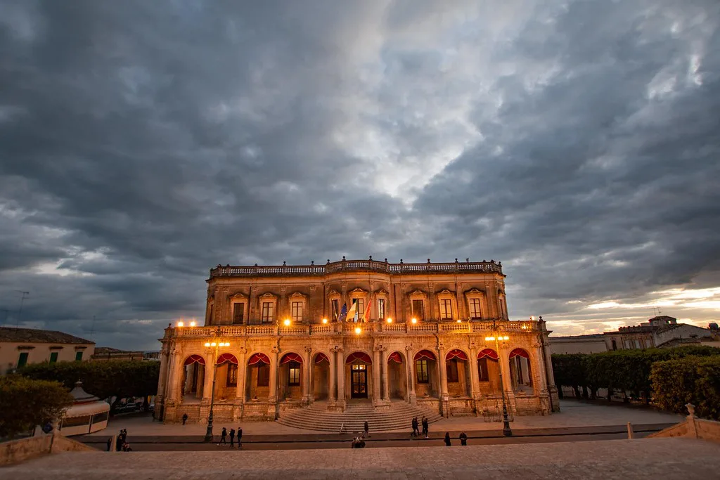 The Baroque Palazzo Ducezio town hall in central Noto, near the main parking lots and the cathedral