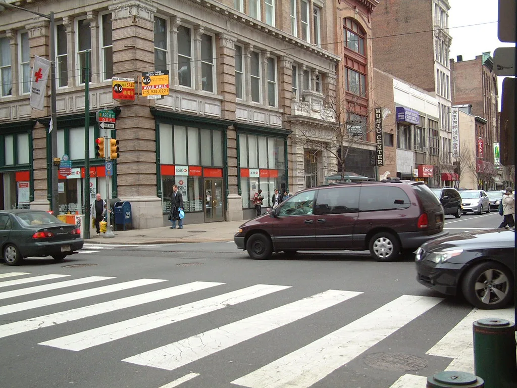 Downtown Philadelphia street scene near the city-centre garages serving the NOTO nightclub on Vine Street