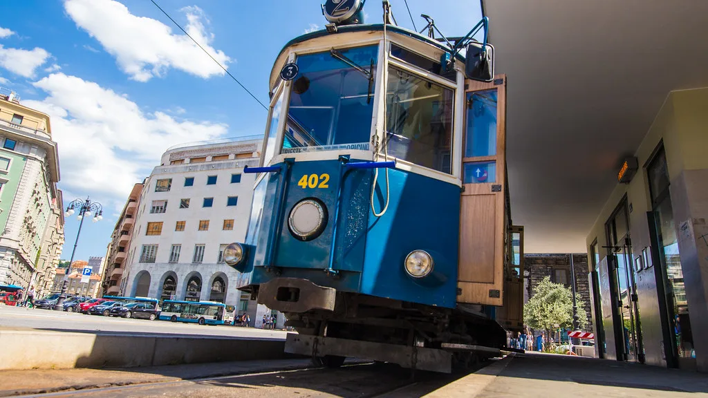 A historic Opicina tram carriage of Trieste's Linea 2 on the street tracks