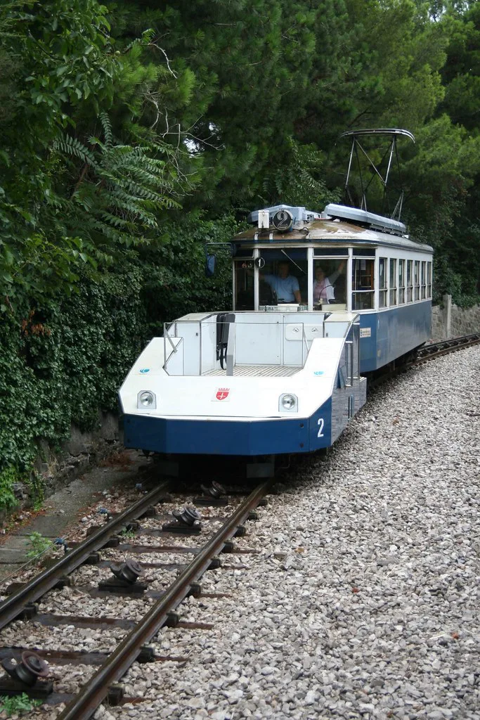 The Opicina funicular section in Trieste climbing the steep cable-driven incline