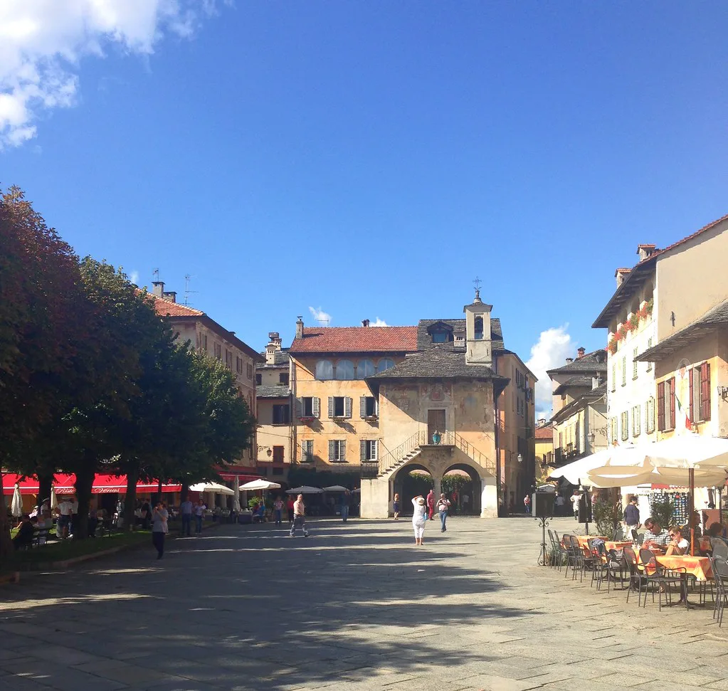 The lakeside Piazza Motta square in Orta San Giulio near the ferry pier