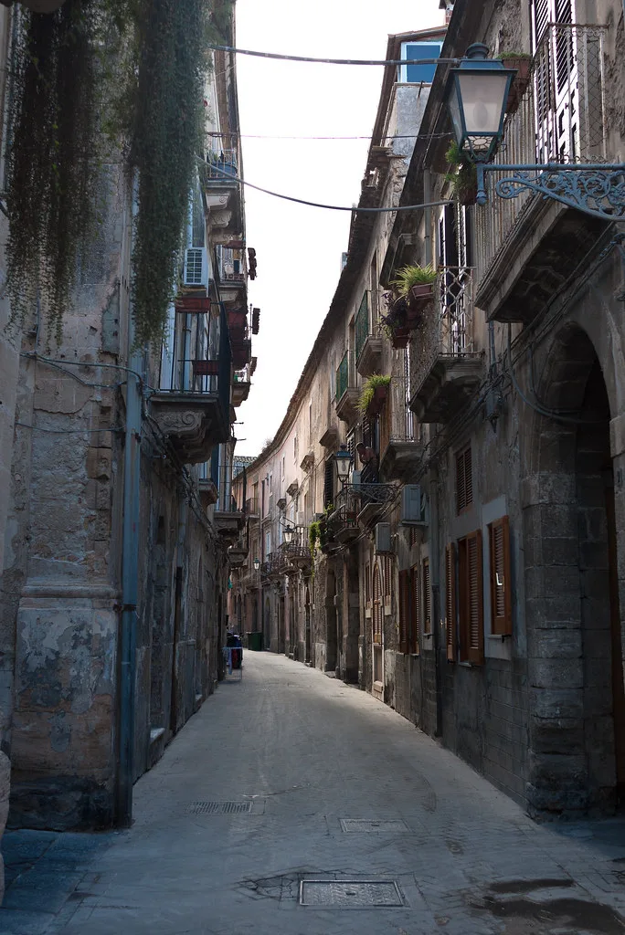 Narrow pedestrian street in Ortigia's old town inside the Limited Traffic Zone
