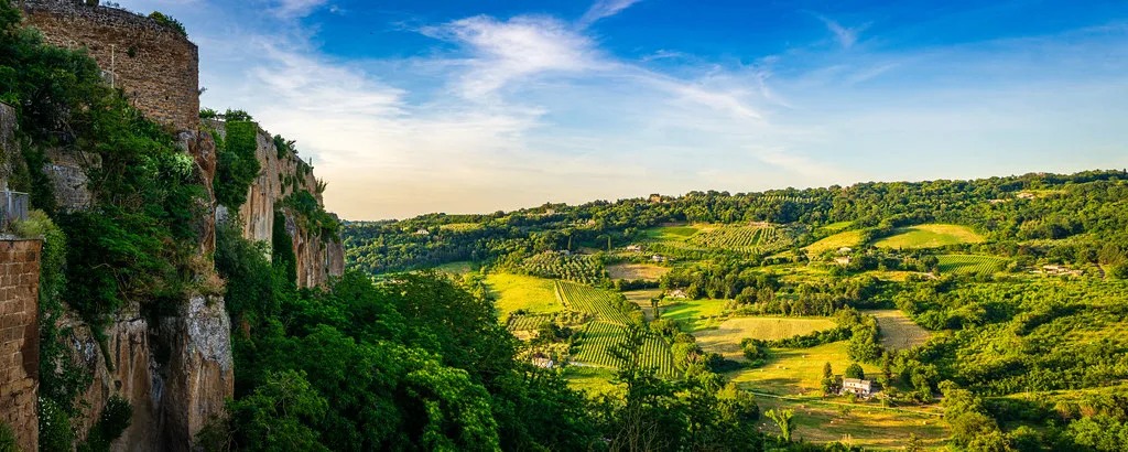 Panoramic view of Orvieto perched on its volcanic tufa cliff at the edge of the Umbrian valley