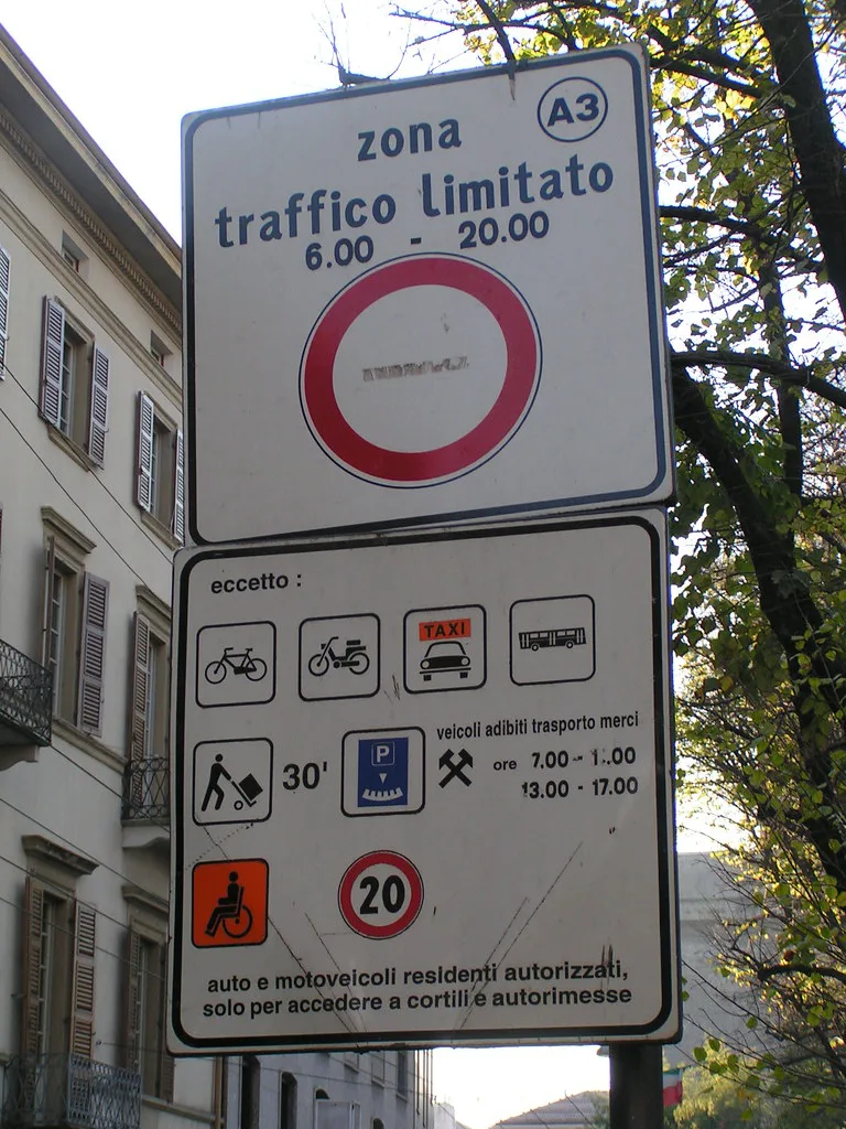 A Zona Traffico Limitato (ZTL) sign marking a camera-enforced limited traffic zone in an Italian city