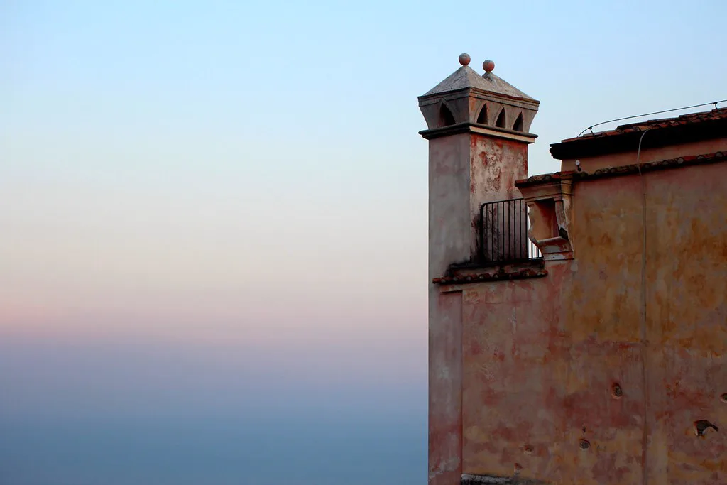 Panoramic view over Ravello and the Amalfi Coast where buses and taxis offer an alternative to driving
