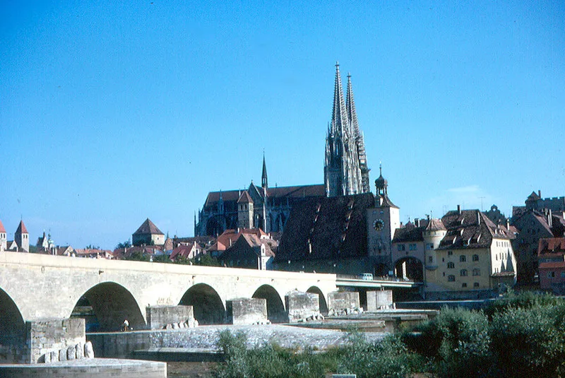 Regensburg Cathedral and the Stone Bridge over the Danube near the free Unterer Wöhrd lot
