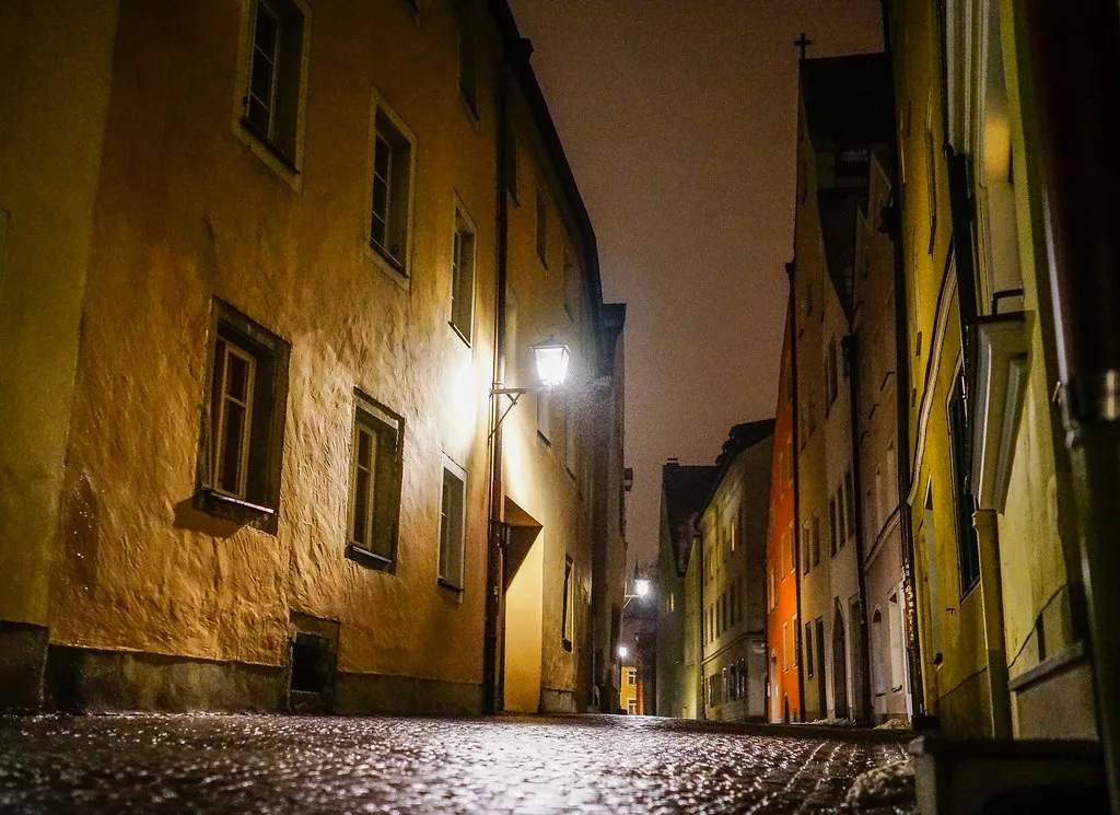 A narrow cobbled alley in Regensburg's medieval Altstadt old town