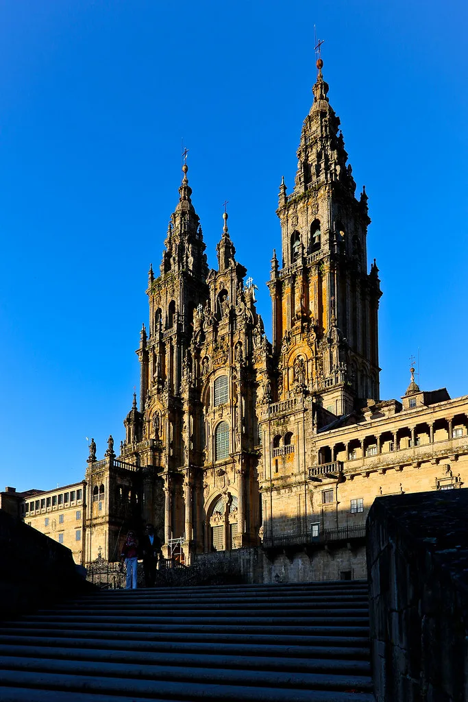 The Cathedral of Santiago de Compostela rising above the pedestrianized stone streets of the old quarter