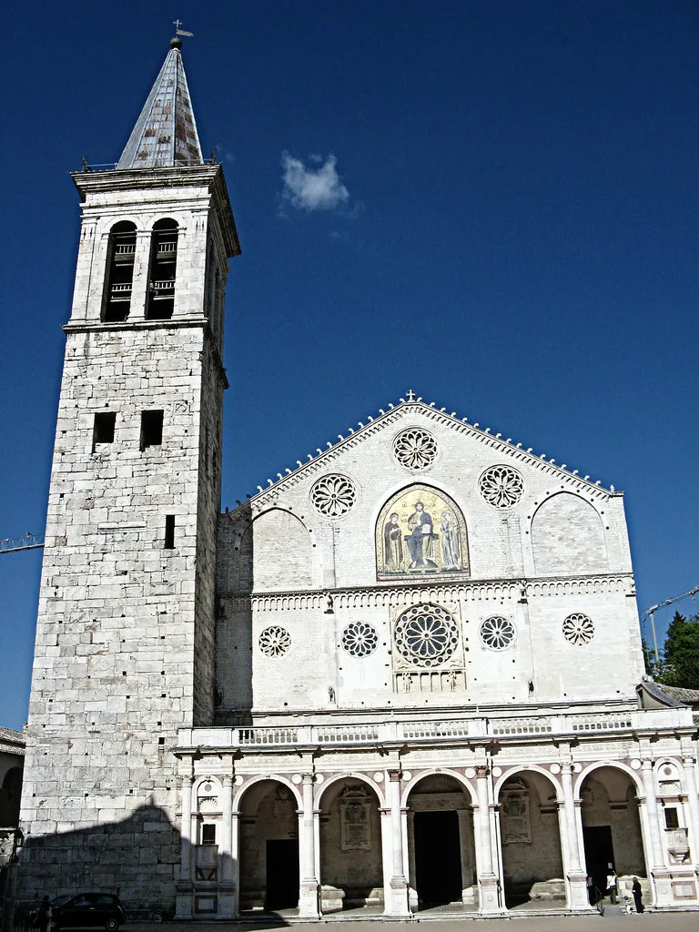 The Romanesque facade and mosaics of Spoleto Cathedral (Duomo) in the upper town
