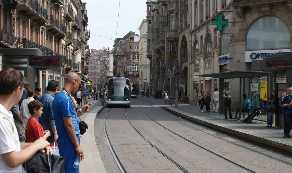 A CTS tram waiting at a Strasbourg tram station platform