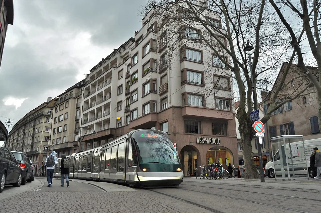 A CTS Strasbourg tram running through the city center near the central tram hub