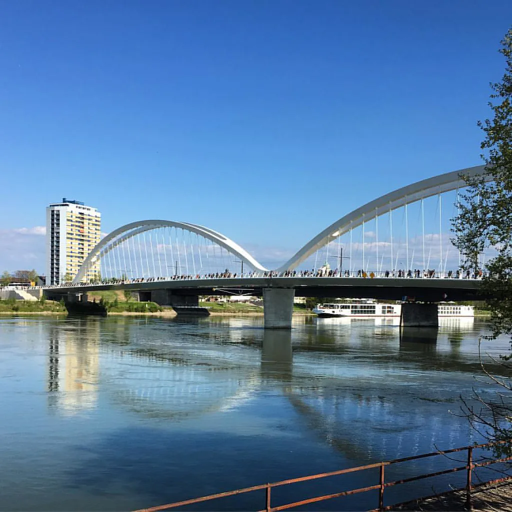 A Line D tram crossing the Rhine on the Strasbourg to Kehl cross-border route