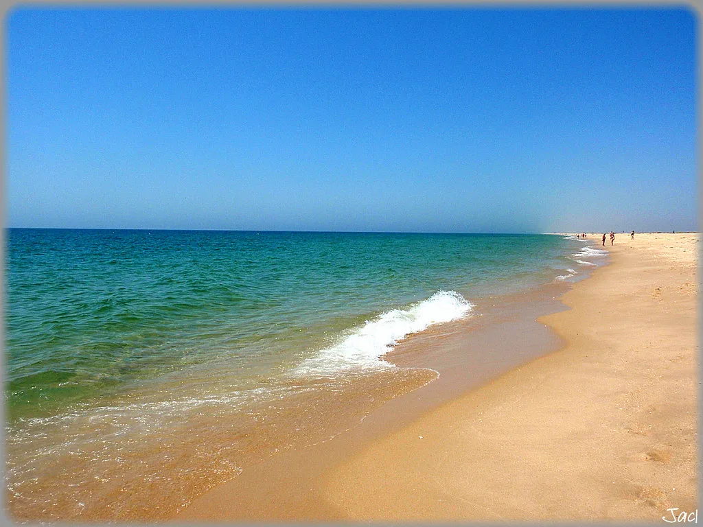 The sandy shore and dunes of Ilha de Tavira reached by ferry across the Ria Formosa lagoon