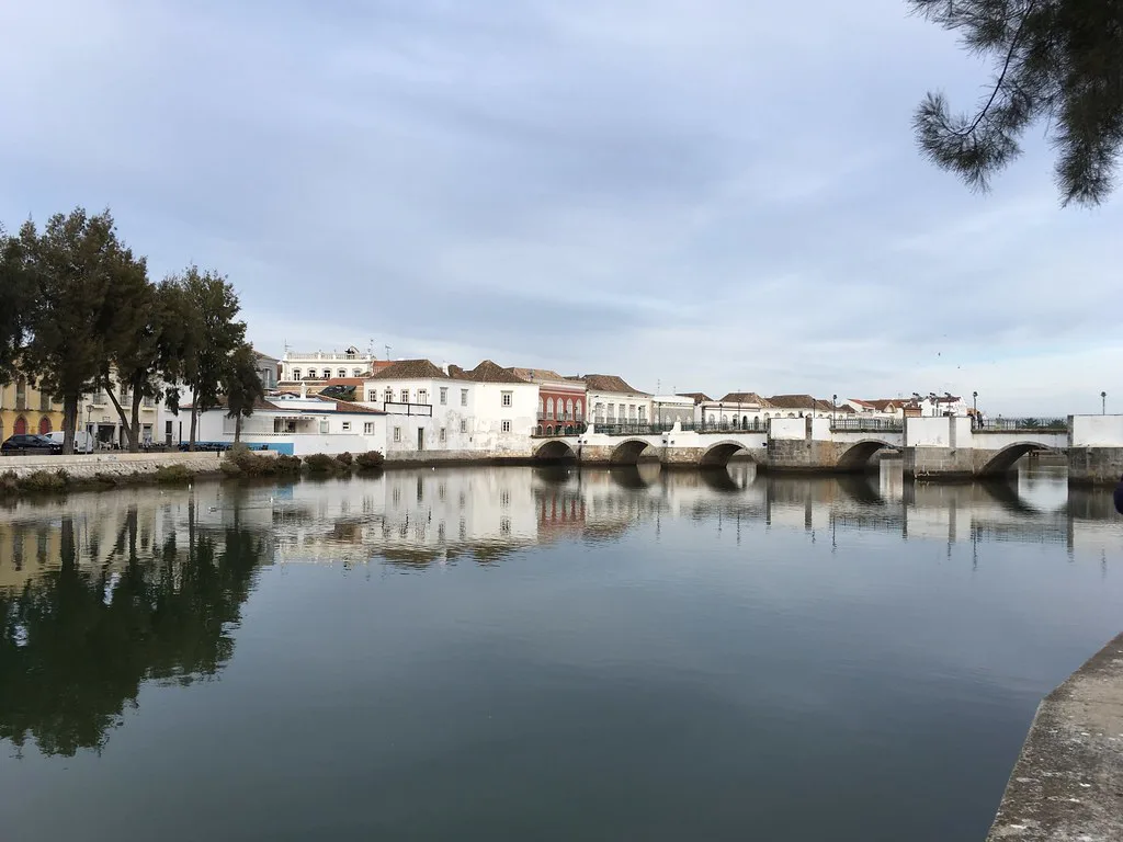 The Gilão River and Roman Bridge in central Tavira, near the seasonal town-center ferry pier