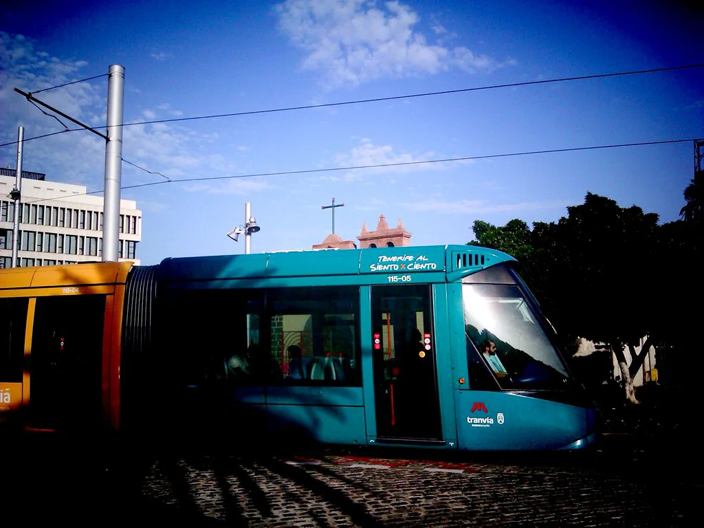 A Tenerife tram passing the Ermita de San Telmo in Santa Cruz on Line 1