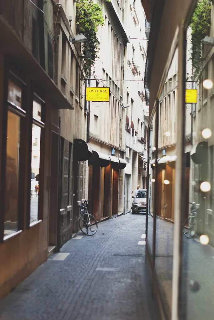 A street scene in central Treviso, Italy, where the MOM urban bus network operates